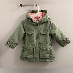 OshKosh | Green Hooded Jacket with Pink Fleece Lining and Snap Button Pockets